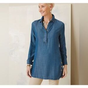 Chico's "Touch Of Cool" Denim Tencel Tunic w/button detail step hem M/12